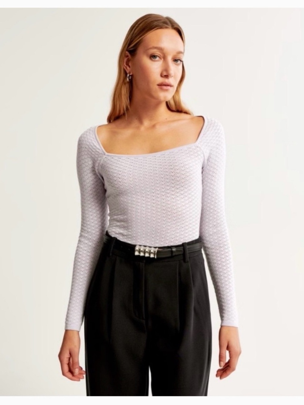 Abercrombie and Fitch Square Neck Long-Sleeve Knit Bodysuit in Light Lilac